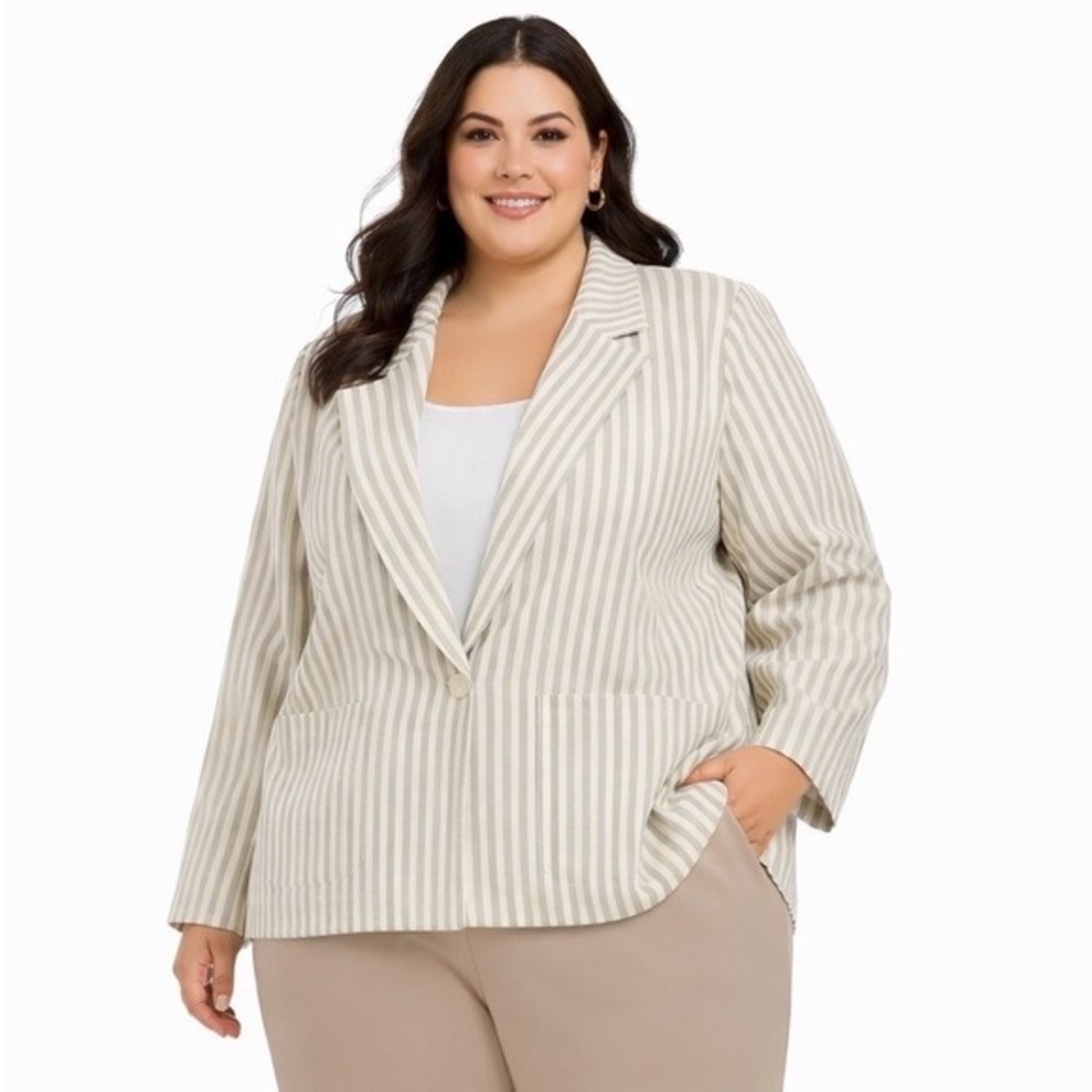 Vintage Linen Striped Single Button Blazer Neutral Taupe White 22W Preppy 82-28